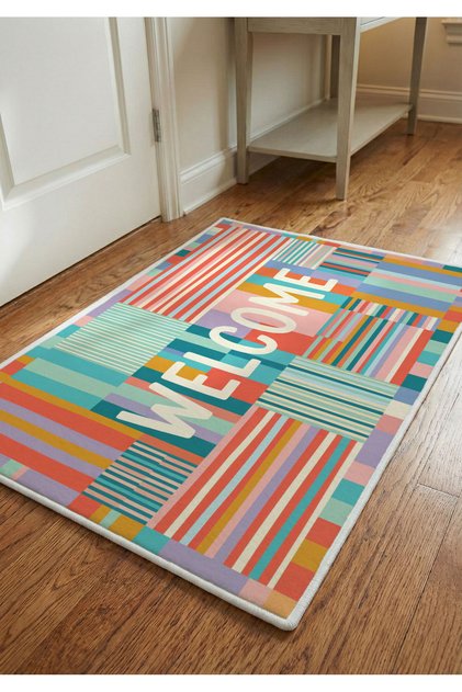 Colorful Welcome Written Non-Slip Base Decorative Doormat with Velvet Texture Modern Door Mat