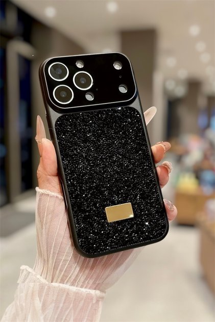 İphone 15 Pro Max Uyumlu Siyah Lüks Taşlı Simli Kamera Korumalı Premium Telefon Kılıfı