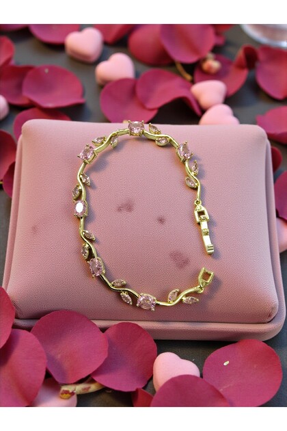 Gold Color Pink Zircon Stone Ivy Leaf Design Steel Bracelet - Tarnish Resistant - 20cm