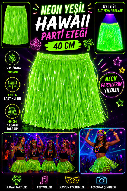 Neon Yeşil Hawaii Parti Eteği 40 cm UV Işığında Parlayan Saçaklı Festival Dans ve Kostüm Eteği