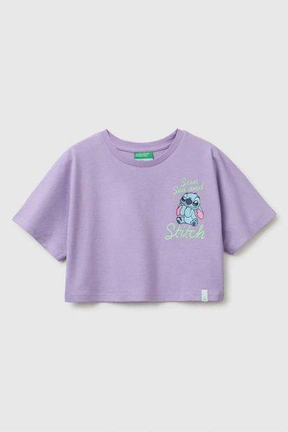 Girl's Lilo & Stitch Print Detailed Crop T-Shirt Lilac 6-13 Years