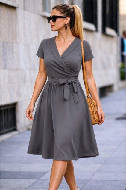 Women's Short Sleeve Collared Waist Belted Short Janjan Crepe Short Dress