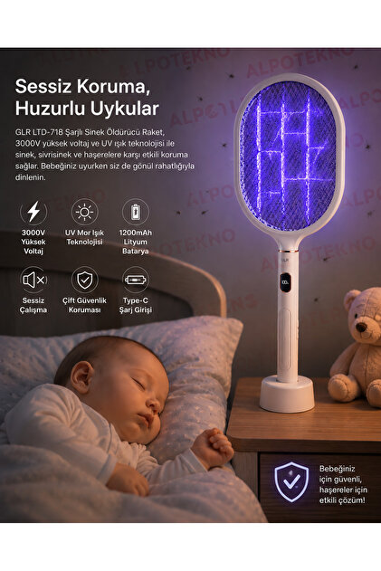 alpotekno GLR LTD-718 Şarjlı Sinek Öldürücü Raket 3000V Yüksek