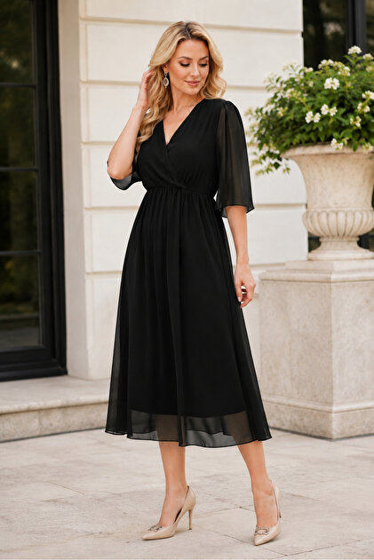 black midi chiffon dress Smitten Sweetheart Neckline Chiffon Midi Dress Black