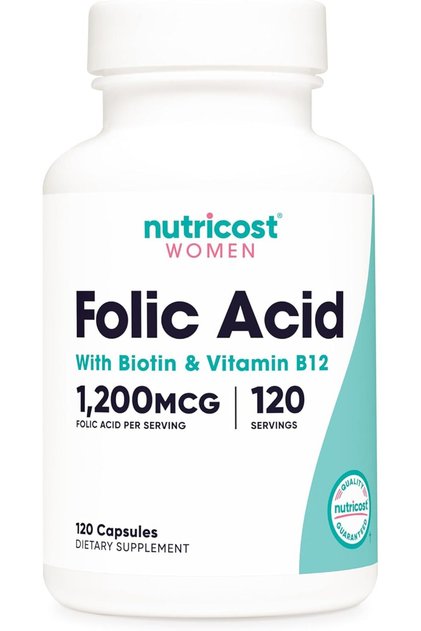 Folic Acid for Women (Vitamin B9) 1200 mcg, 120 Capsules, with B12 and Biotin, Veggie Caps, Non-GMO & Gluten Free