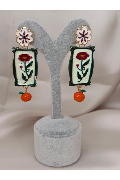 Floral Patterned Hand-Painted Look Dangle Earrings Cherry Detailed Colorful Women's Earrings