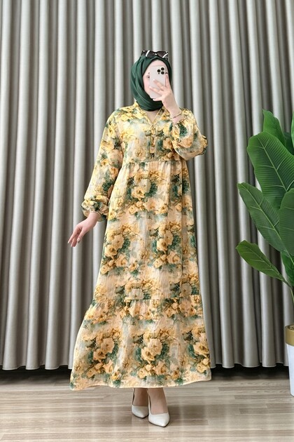 Yüsra Dress Modal Fabric Women's Yellow Floral Patterned Collar Openable Buttoned Comfortable Cut Hijab Dress