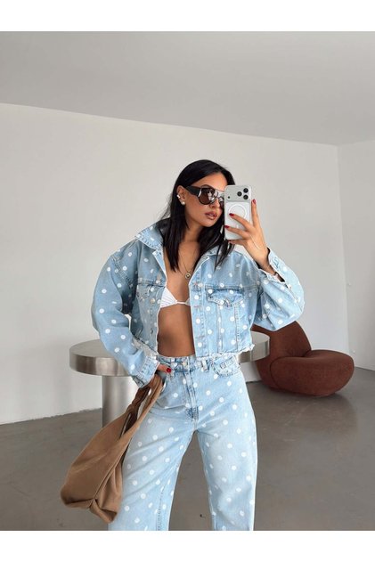Polka Dot Denim Jacket - Blue