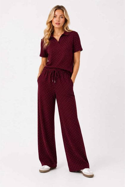 Modal Fabric, Shirt Collar Crystal Stones, Top and Bottom Set /High Waist Elastic, Soft-Textured Set