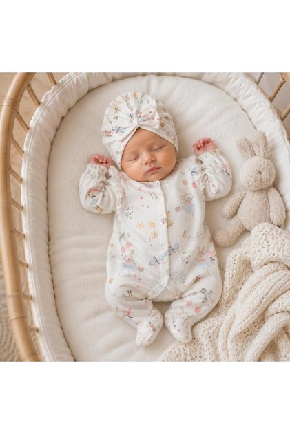 Balerina Bunny Luxury Baby Girl 100% Cotton Rabbit Patterned Jumpsuit and Bow Hat Set