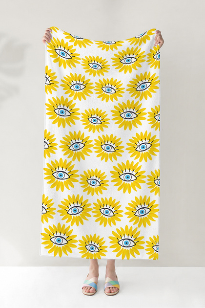 Nazar Eye Sunflower Beach Towel - Bohemian Yellow and White Summer Themed Quick-Drying Microfiber Towel