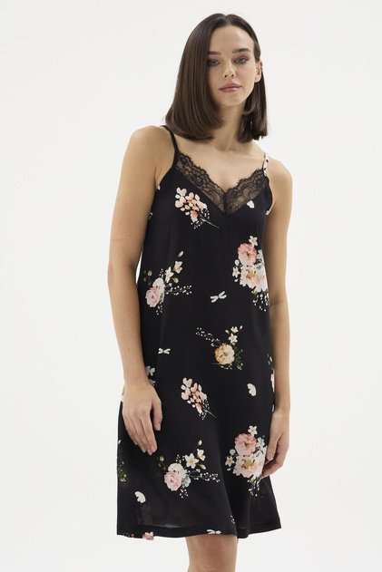 Women's Thin Strap Lace Floral Patterned Black Nightgown C9T6N671