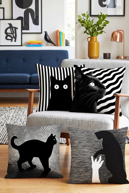Striped Cats Patterned 4-Piece Throw Pillow Cover Set
