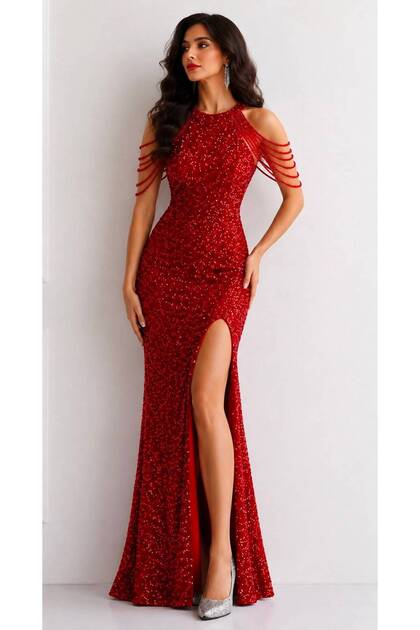 HALTER YAKA BONCUK DETAYLI YIRTMAÇLI PULPAYET ABİYE ELBİSE