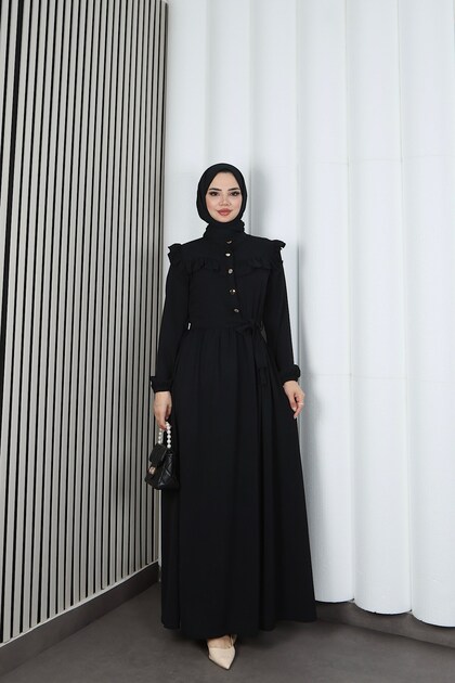 Ayrobin Belted Hijab Dress with Ruffles on the Shoulders and Front, Black Hnt7345