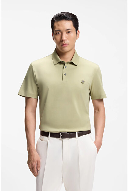 Erkek Monogram Logo Kabartmalı Normal Kalıp Yumuşak Pamuklu Kısa Kollu Açık Yeşil2 Polo Yaka T-Shirt