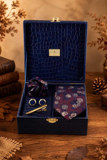 Navy Blue Men's Gift Box - Tie with Handkerchief, Cufflinks, Tie Clip Kmk246
