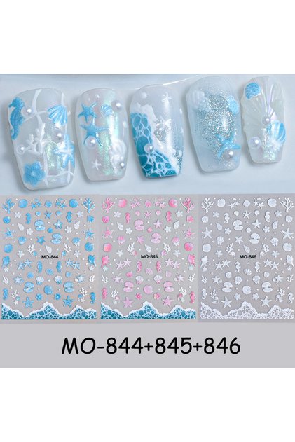 MO-844-845-846 3D Laser Sea Starfish Seashell Nail Stickers Glass Ocean Seahorse Coral Nail Sliders