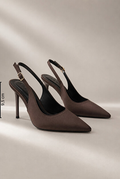 Kadın Kahverengi Saten Arkası Açık Stiletto 9,5 cm Topuk Rahat Tam Kalıp.