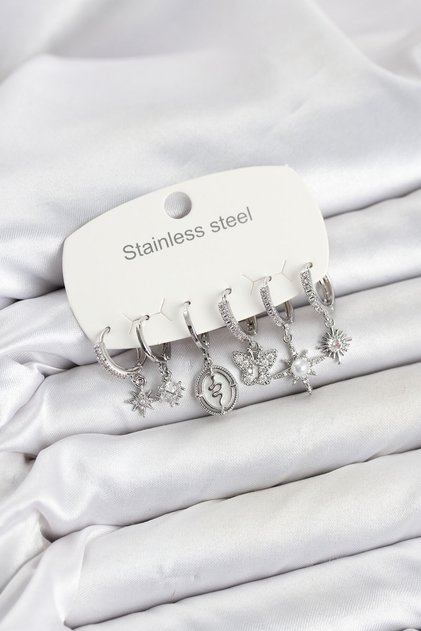 316L Steel Silver Color Zircon Stone Charm Detailed Women's Earring Set