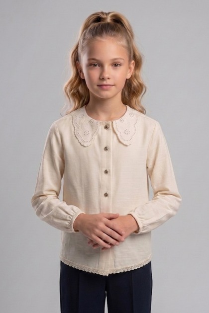 Girls' Lace Collar Shirt, Long Sleeve Viscose Summer Shirt, 7-14 Years Old