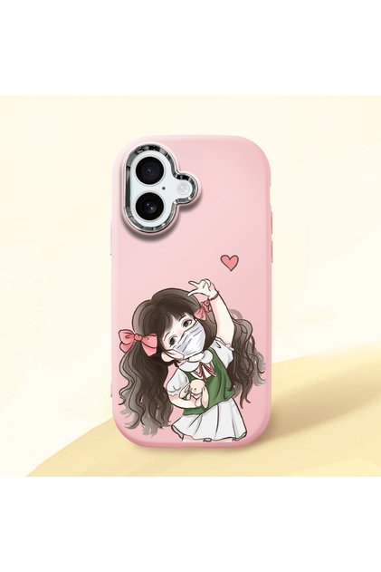 iPhone 16 Compatible Case with Camera Protection Pink Silicone Couple Phone Case with Girl Pattern