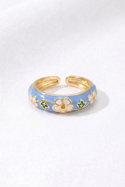 Gold White Flower Blue Enamel Colorful Adjustable Steel Ring