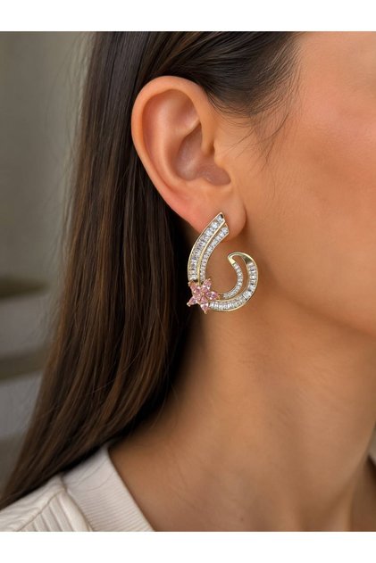 Women's Steel Pink Flower Detail Zircon Stone Earrings