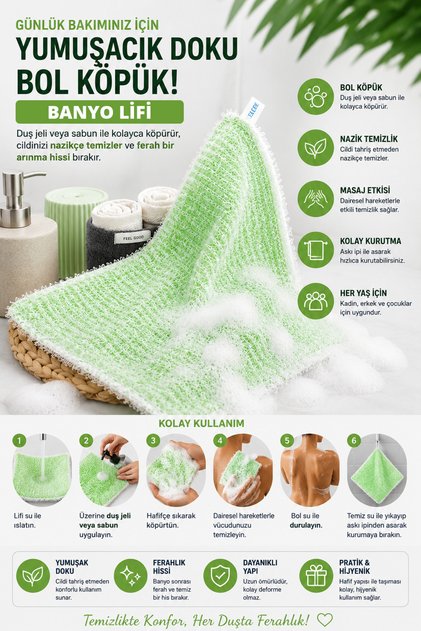 Bath Loofah, Shower Loofah – Soft Textured, Highly Foaming Body Cleansing Loofah 25X35Cm Green