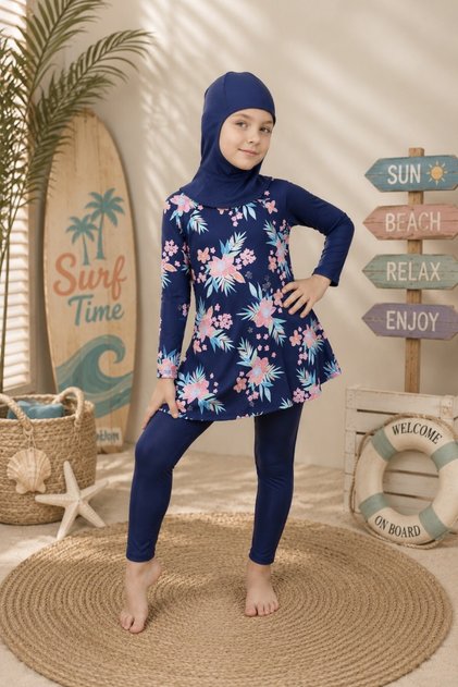 Three-Piece Girls' Hijab Swimsuit Set with Long Tights (Ages 7-16)