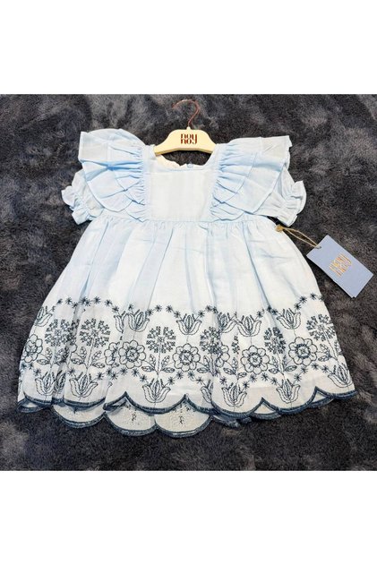 Girl's Double Layer Ruffle Embroidered Dress - 100% Natural Cotton - Blue