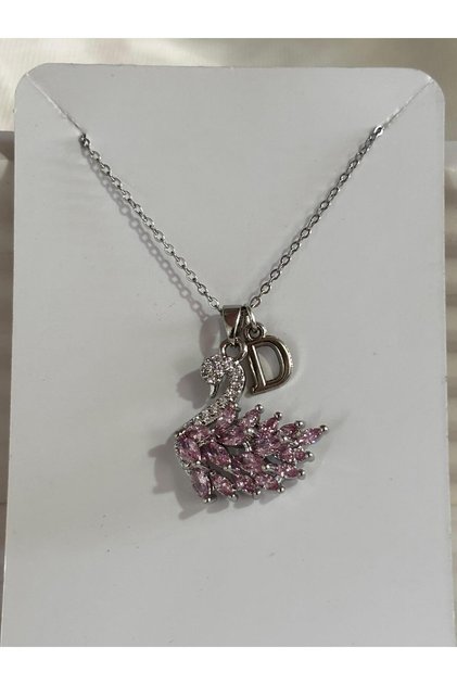 316L Steel Pink Zircon Stone Swan D Letter Necklace