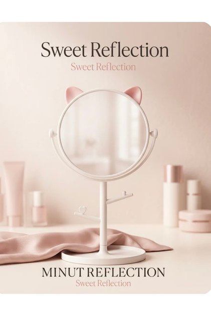 Makeup Mirror with Cat Ear Jewelry Stand – Pink & White - 15cm X 30cm