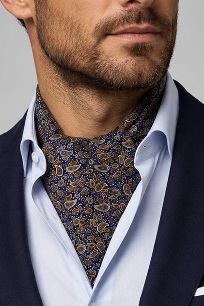 Coffee Navy Blue Shawl Pattern Italian Silk Ascot Tie Sac141