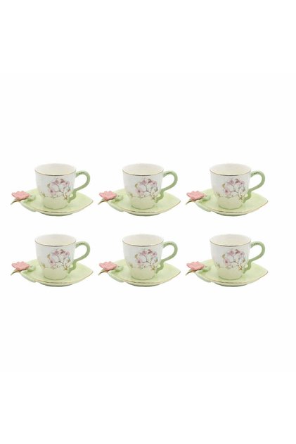 BRD-435 Turkish Coffee Cup with Saucer Set – 12 Pieces – Mint Green Floral Design with Gold Rim