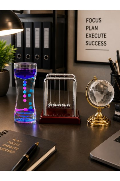 3'lü Ofis Dekoratif Hediye Seti – Damla Zamanlayıcı, Newton Denge Topu ve Kristal Dünya Küresi Gold