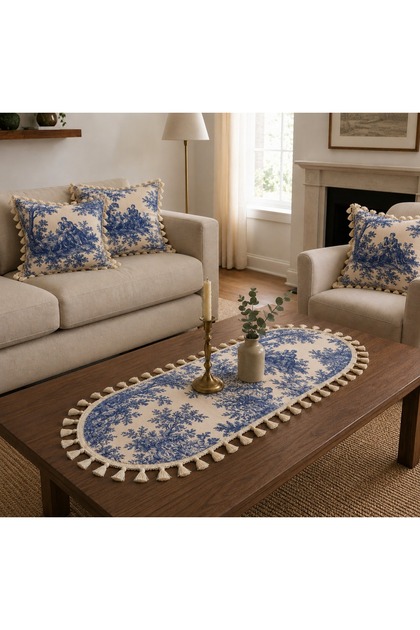 Lacivert Fransız Köylü Desenli Duck Kumaş 30x80 Püsküllü Oval Runner