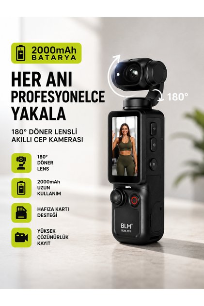 2000mAh Q7 2.5K UHD Akıllı Cep Kamerası 180° Dönebilen HD Mini Kamera Hafıza Kart Destekli