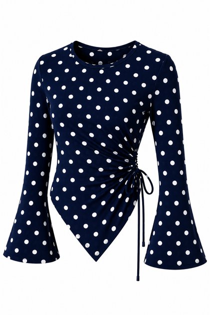 Polka Dot Round Neck Drape Detailed Spanish Sleeve Comfortable Fit Hijab Compatible Blouse
