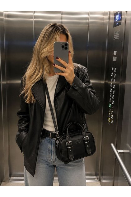 Women's Black Double Belt Detailed Cross Strap Shoulder Bag