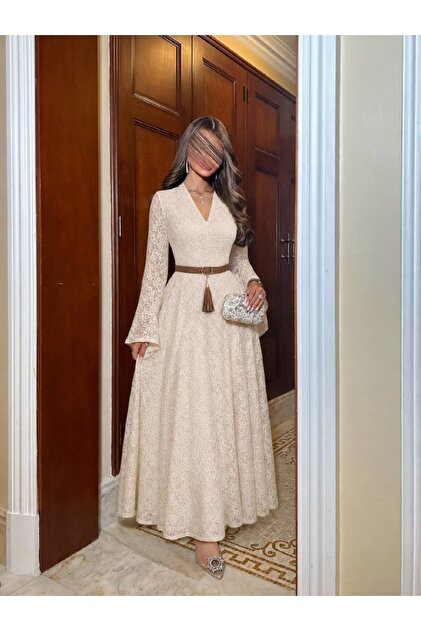 lace top dress with belt Bohemian Swing Lace Dress White V Neck Belted Maxi Dress-chiclody, White S