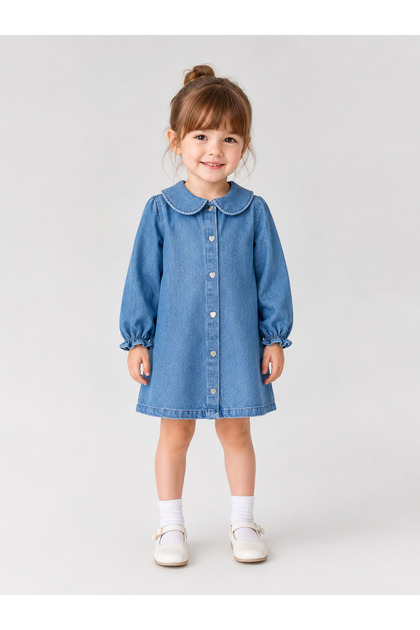 4-8 Yaş Kız Çocuk Kalp Düğmeli Uzun Kollu Denim Elbise bereket babay