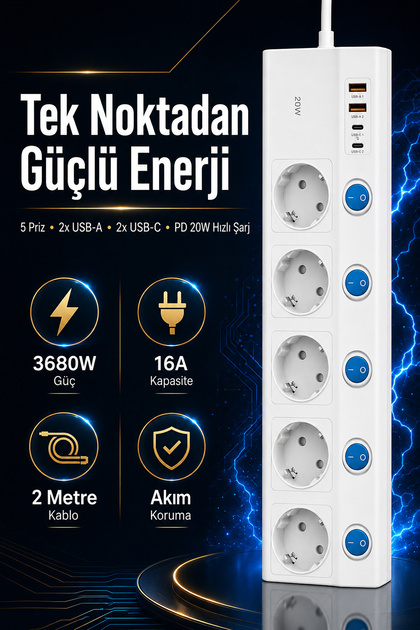 TechMore Yamatik X-Man Akım Korumalı Grup Priz 4'lü Ayrı Anahtarlı