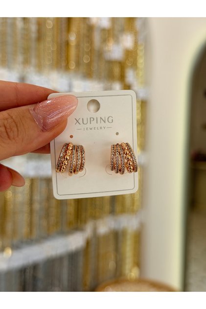XUPİNG KARARMAZ ROSE GOLD ZİRKON TAŞLI BEŞ SIRALI KÜPE