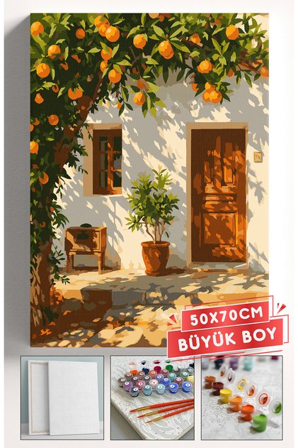 Sayılarla Boyama Hobi Seti Çerçeveli Numaralı Tuval Fırça Boya Dahil 50x70 (BÜYÜK BOY) Cm - PORTAKAL MANZARA EV