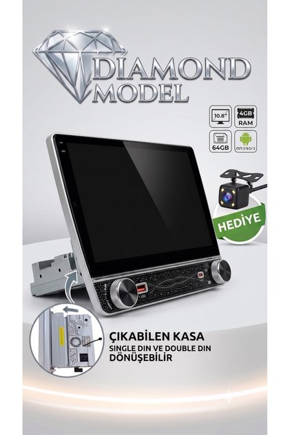 10.8 İnç Diamond Serisi Android Oto Teyp - 4GB RAM / 64GB - Single Din'den Double Din'e Dönüşebilen Multimedya (Geri Görüş Kamerası Hediye)