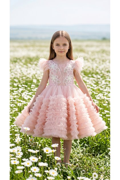 Girl's Layered Tulle Dress with Appliques and Feathered Sleeves, 4-10 Years Old, Special Occasion, Birthday, Wedding, Graduation