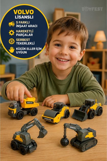 Volvo Licensed Micro Workers Mini Construction Vehicles Set of 5 Movable Free Wheel 9 cm