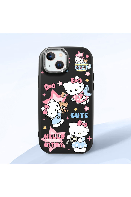 iPhone 15 Plus Compatible Case with Camera Protector Black Silicone Couple Phone Case with Kitty Pattern