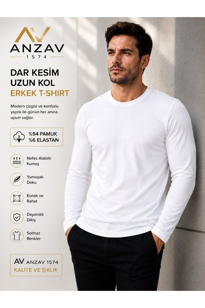 Men's Slim Fit Crew Neck Long Sleeve Basic T-Shirt 94% Cotton 6% Elastane